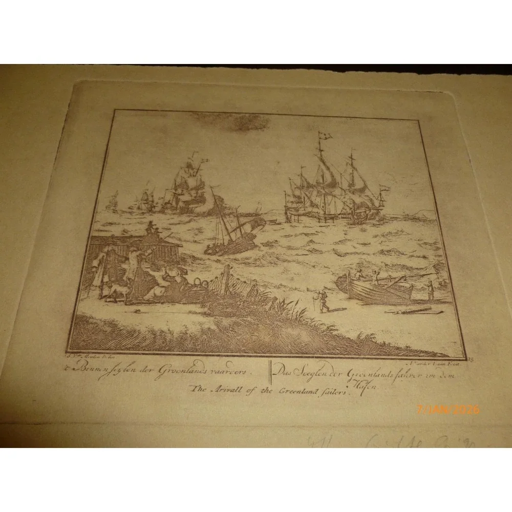 Antique Etching Arrival of the Greenland Whalers‎ Arctic Ships Port Scene W. 6x8